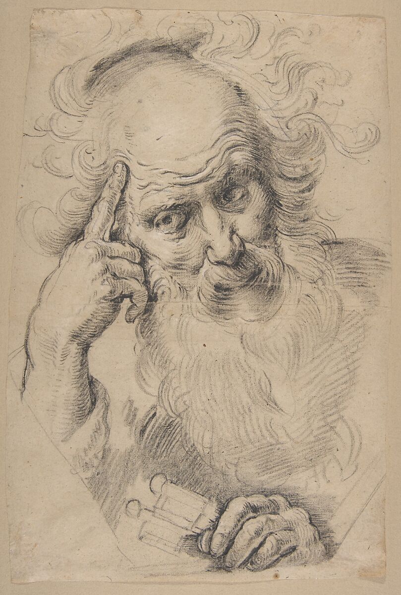 Saint Peter, Bernardo Strozzi (Italian, Genoa 1581–1644 Venice), Black chalk, selectively reinforced with wetted point of chalk, highlighted with white, on light brown paper; traces of octagonal framing lines in black chalk by the artist 