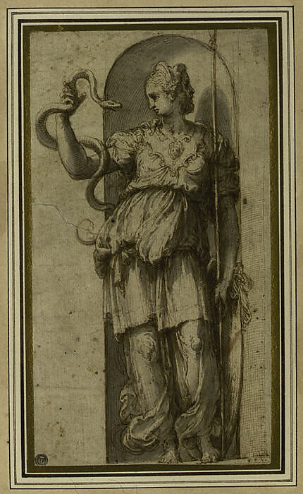 Study for Allegorical Figure of Prudence, Perino del Vaga (Pietro Buonaccorsi) (Italian, Florence 1501–1547 Rome), Pen and brown ink, brush and gray wash, over traces of black chalk