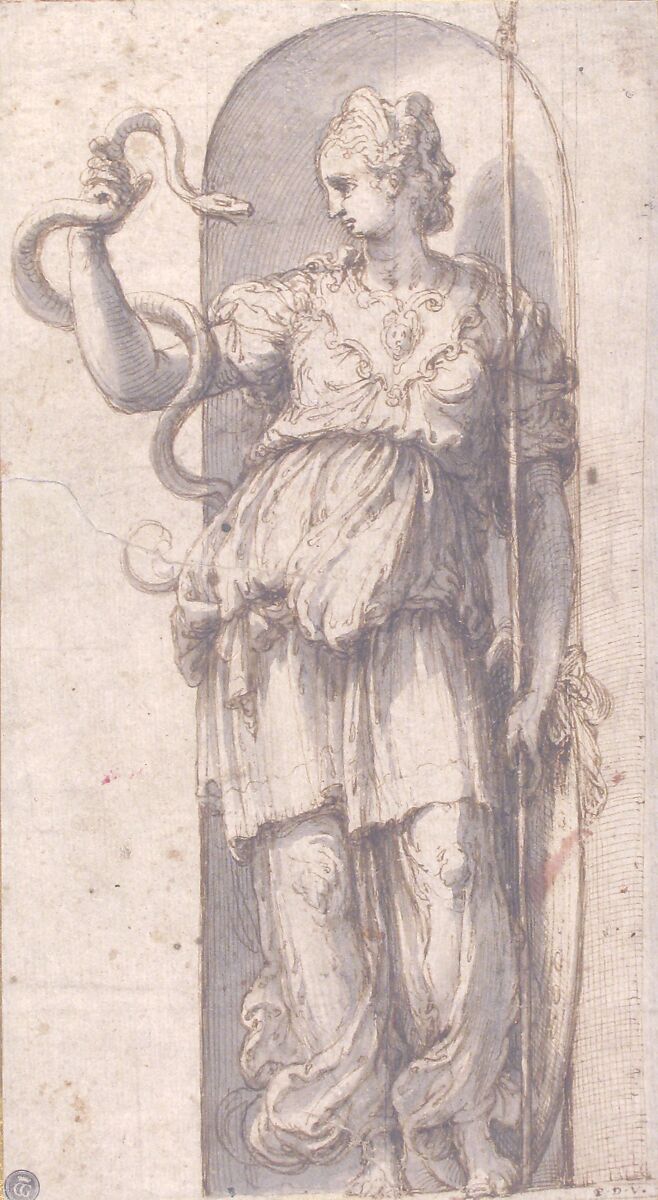 Study for Allegorical Figure of Prudence, Perino del Vaga (Pietro Buonaccorsi) (Italian, Florence 1501–1547 Rome), Pen and brown ink, brush and gray wash, over traces of black chalk