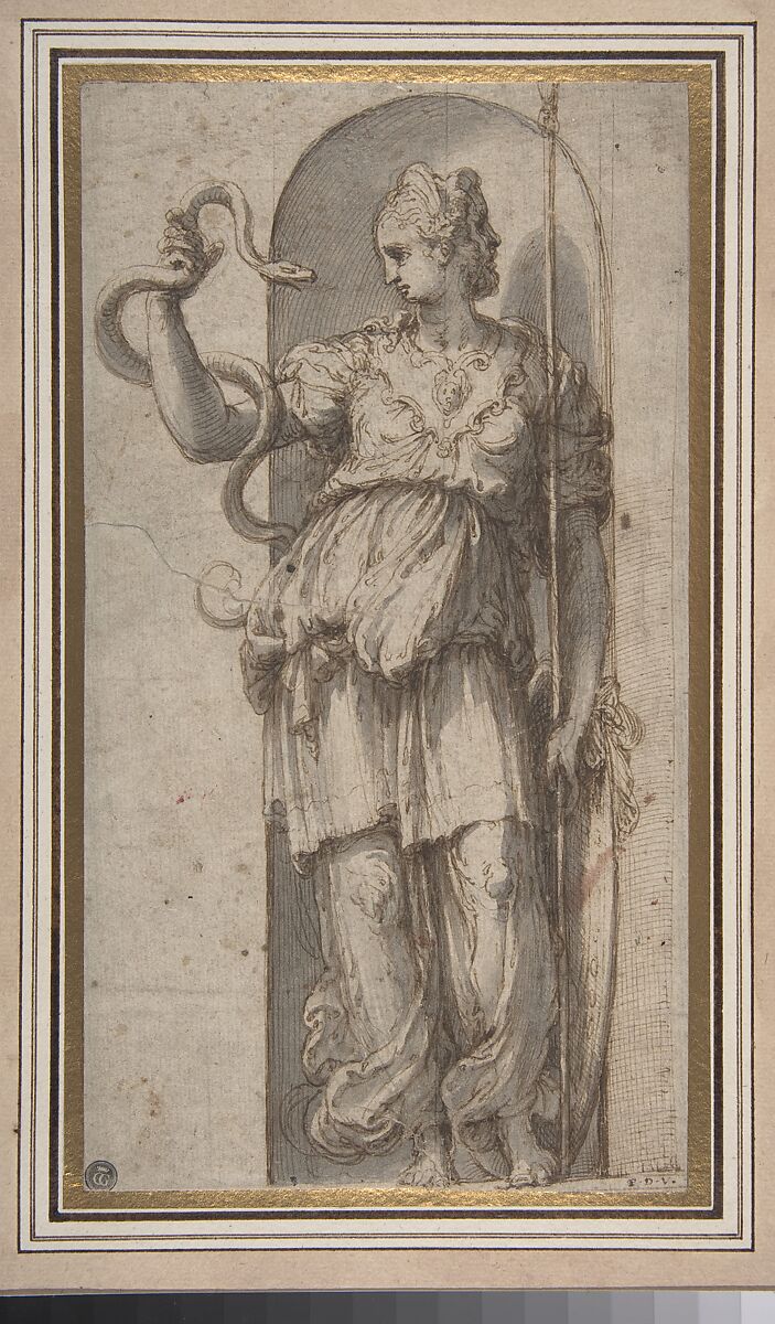 Study for Allegorical Figure of Prudence, Perino del Vaga (Pietro Buonaccorsi) (Italian, Florence 1501–1547 Rome), Pen and brown ink, brush and gray wash, over traces of black chalk 
