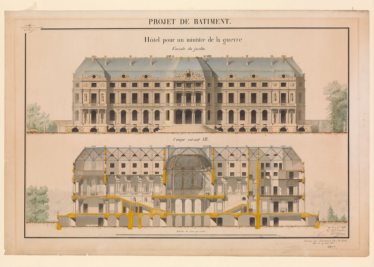 Project for a Headquarters of a War Ministry, Designed by Wagner (French, 19th century), Pen and ink and watercolor 