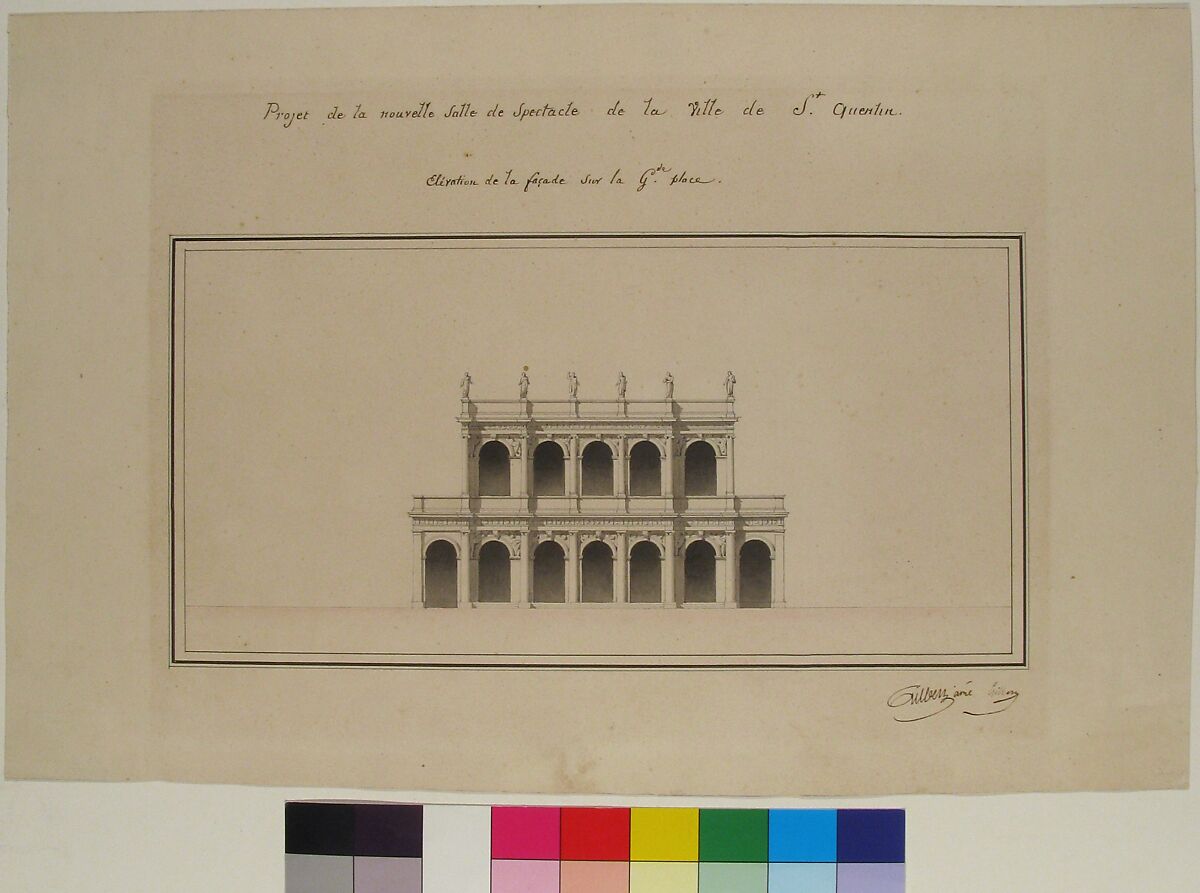 Project for the New Theater at St. Quentin (Aisne) - Elevation, Designed by Emile-Jacques Gilbert (French, 1793–1874), Watercolor over pencil.