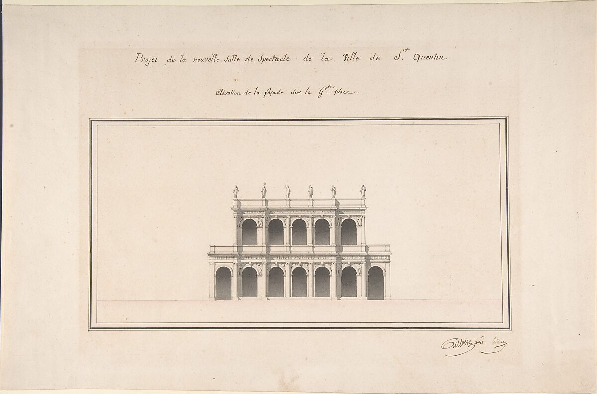 Project for the New Theater at St. Quentin (Aisne) - Elevation, Designed by Emile-Jacques Gilbert (French, 1793–1874), Watercolor over pencil. 