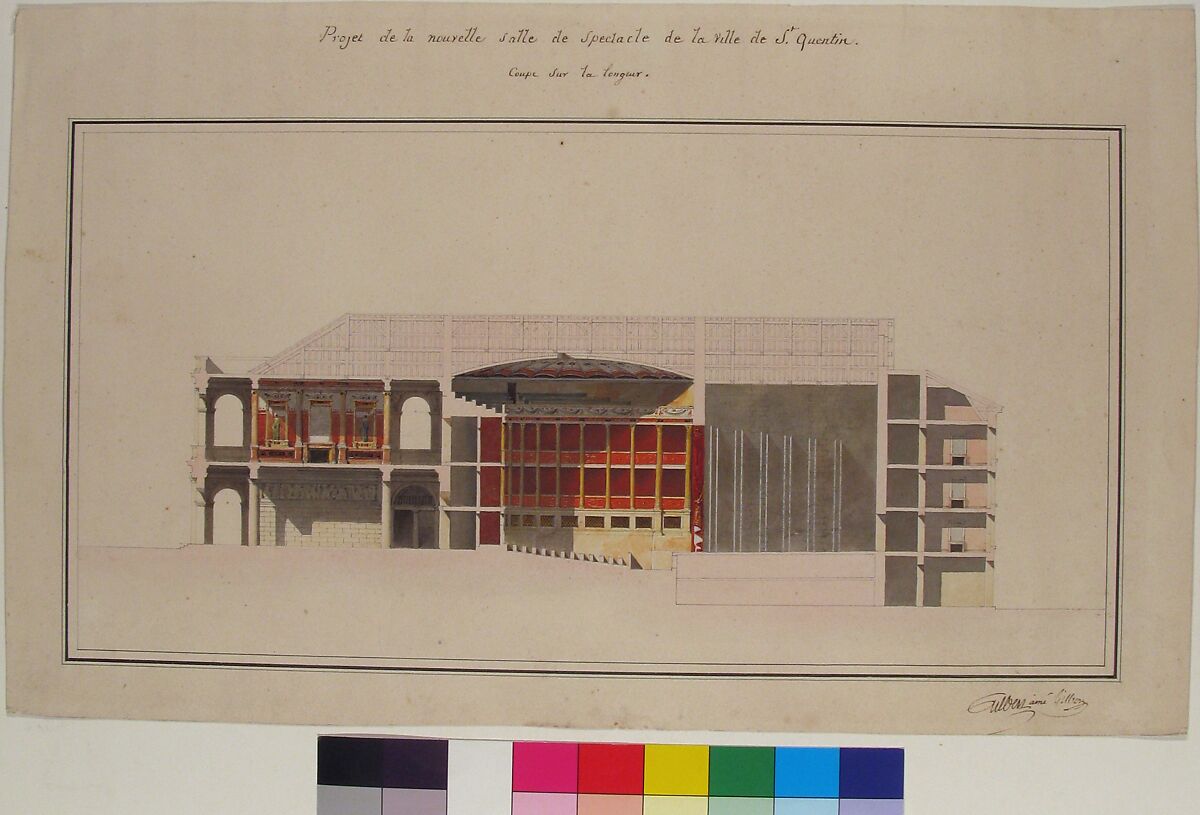 Project for the New Theater at St. Quentin (Aisne) - Section, Designed by Emile-Jacques Gilbert (French, 1793–1874), Watercolor over pencil.