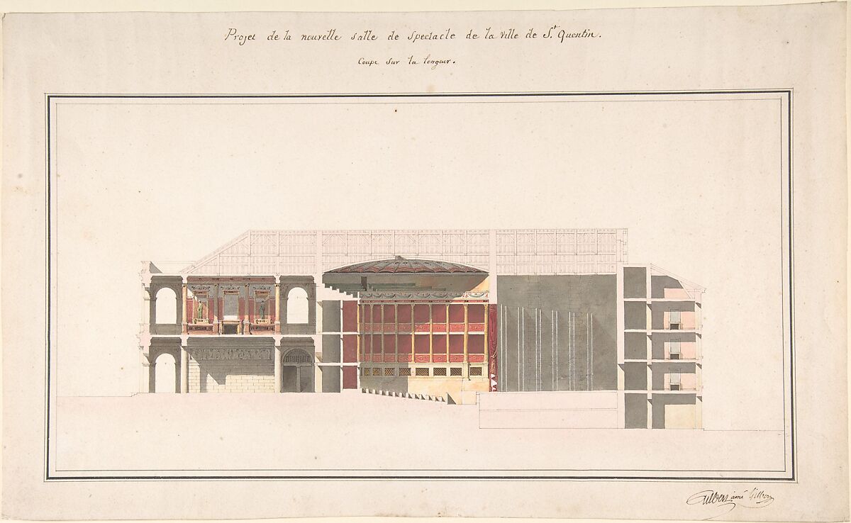 Project for the New Theater at St. Quentin (Aisne) - Section, Designed by Emile-Jacques Gilbert (French, 1793–1874), Watercolor over pencil. 