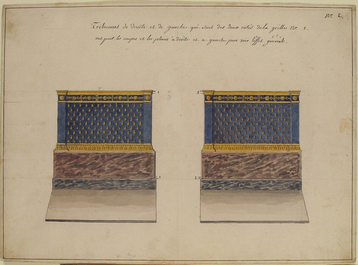 Right and Left Tribunes, Attributed to Charles Percier (French, Paris 1764–1838 Paris), Pen and black ink with watercolor over graphite underdrawing; framing lines in pen and black ink