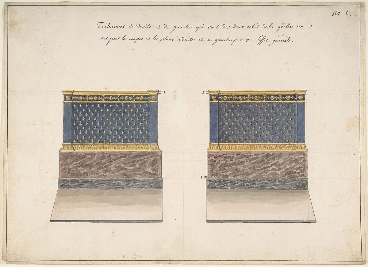 Right and Left Tribunes, Attributed to Charles Percier (French, Paris 1764–1838 Paris), Pen and black ink with watercolor over graphite underdrawing; framing lines in pen and black ink 