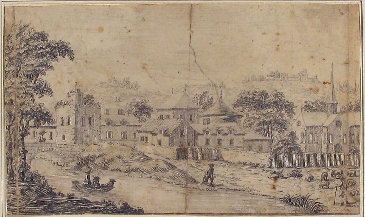 A Town by a Rivers Edge, Attributed to Nicolas Perelle (French, Paris 1631–1695 Orléans), Pen and black ink