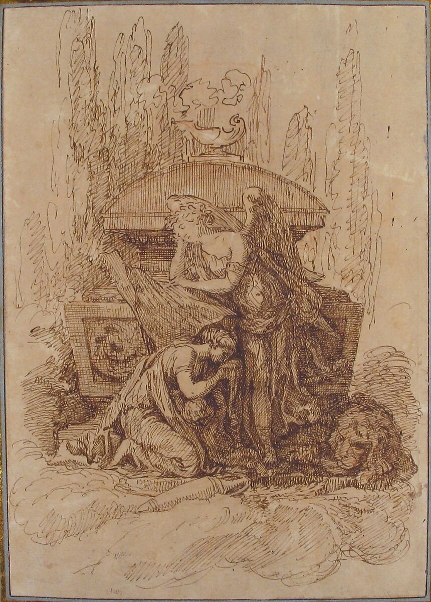 Landscape with a Memorial Scene, Workshop of Ennemond Alexandre Petitot (French, Lyons 1727–1801 Parma), Pen and brown ink with red chalk underdrawing