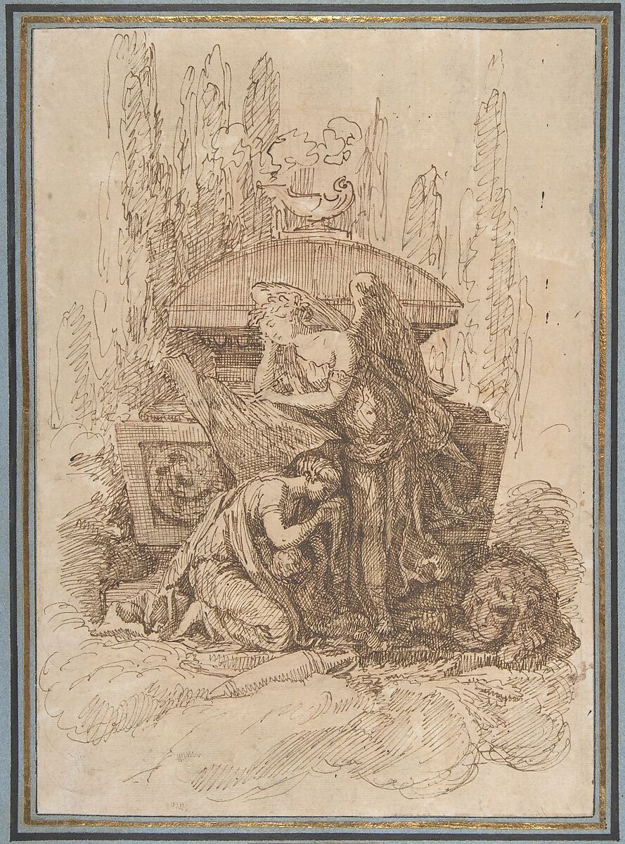 Landscape with a Memorial Scene, Workshop of Ennemond Alexandre Petitot (French, Lyons 1727–1801 Parma), Pen and brown ink with red chalk underdrawing 