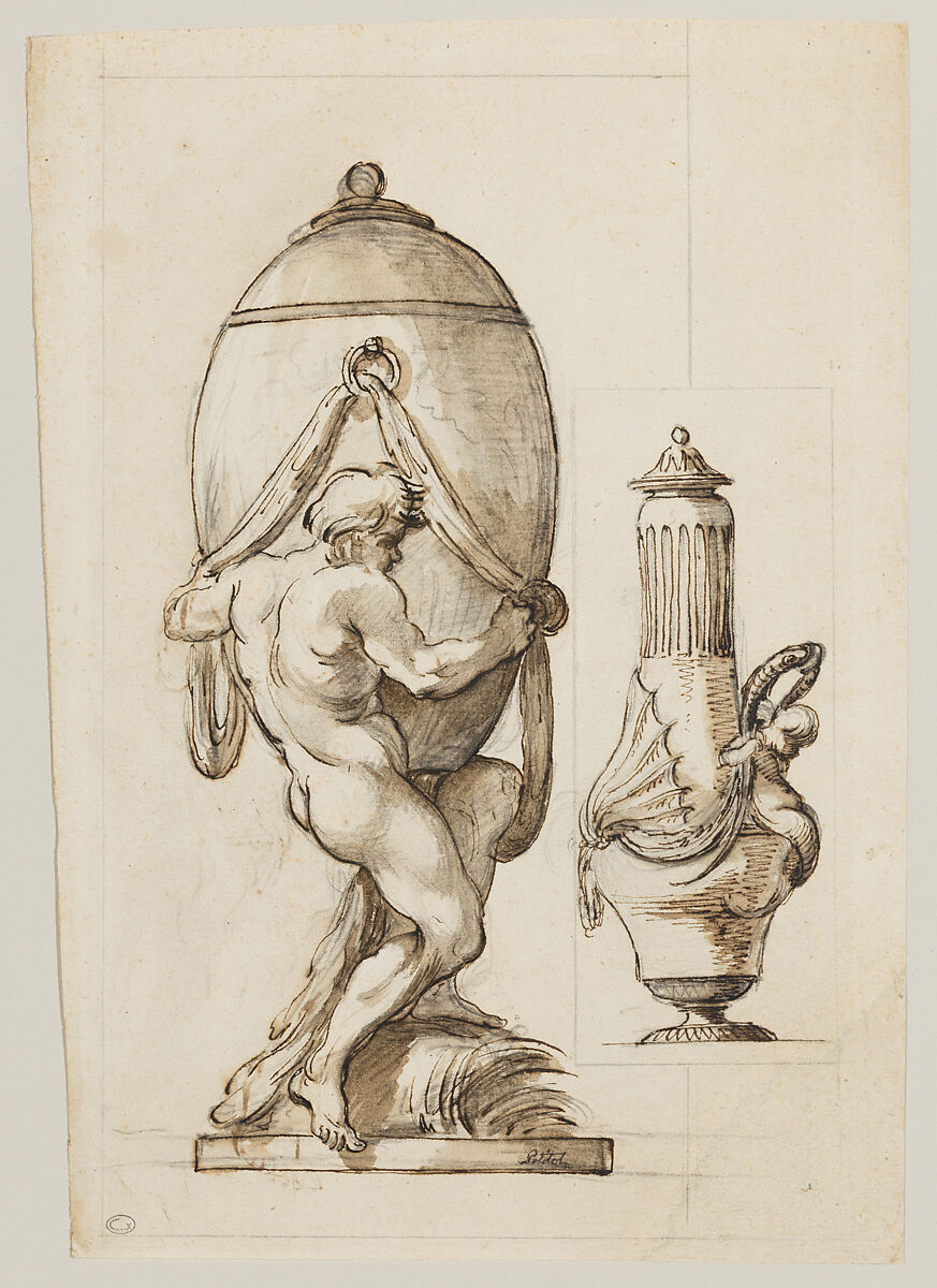 Two Designs for Vases (recto); Variant Design for a Vase (verso), Ennemond Alexandre Petitot (French, Lyons 1727–1801 Parma), Pen and brown ink, brush and brown wash, over black chalk underdrawing (recto); pen and brown ink (verso)