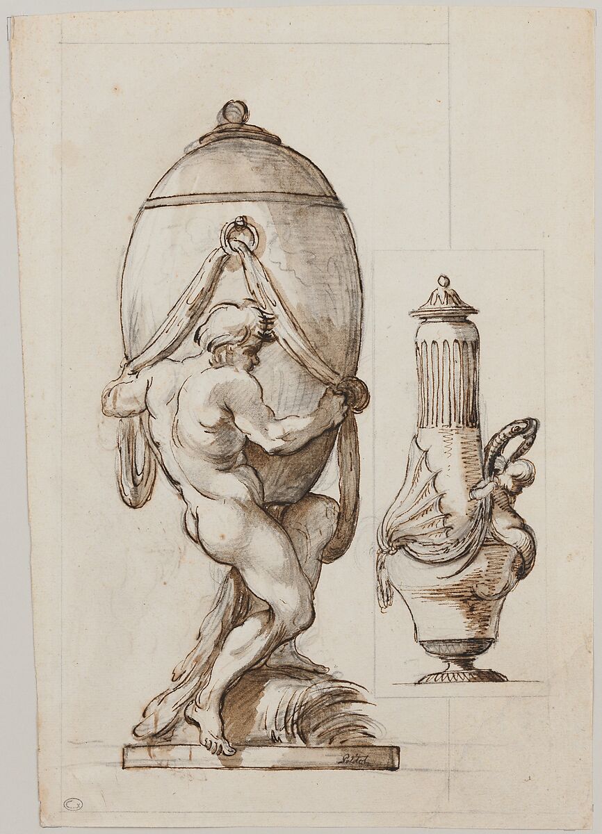 Two Designs for Vases (recto); Variant Design for a Vase (verso), Ennemond Alexandre Petitot (French, Lyons 1727–1801 Parma), Pen and brown ink, brush and brown wash, over black chalk underdrawing (recto); pen and brown ink (verso)