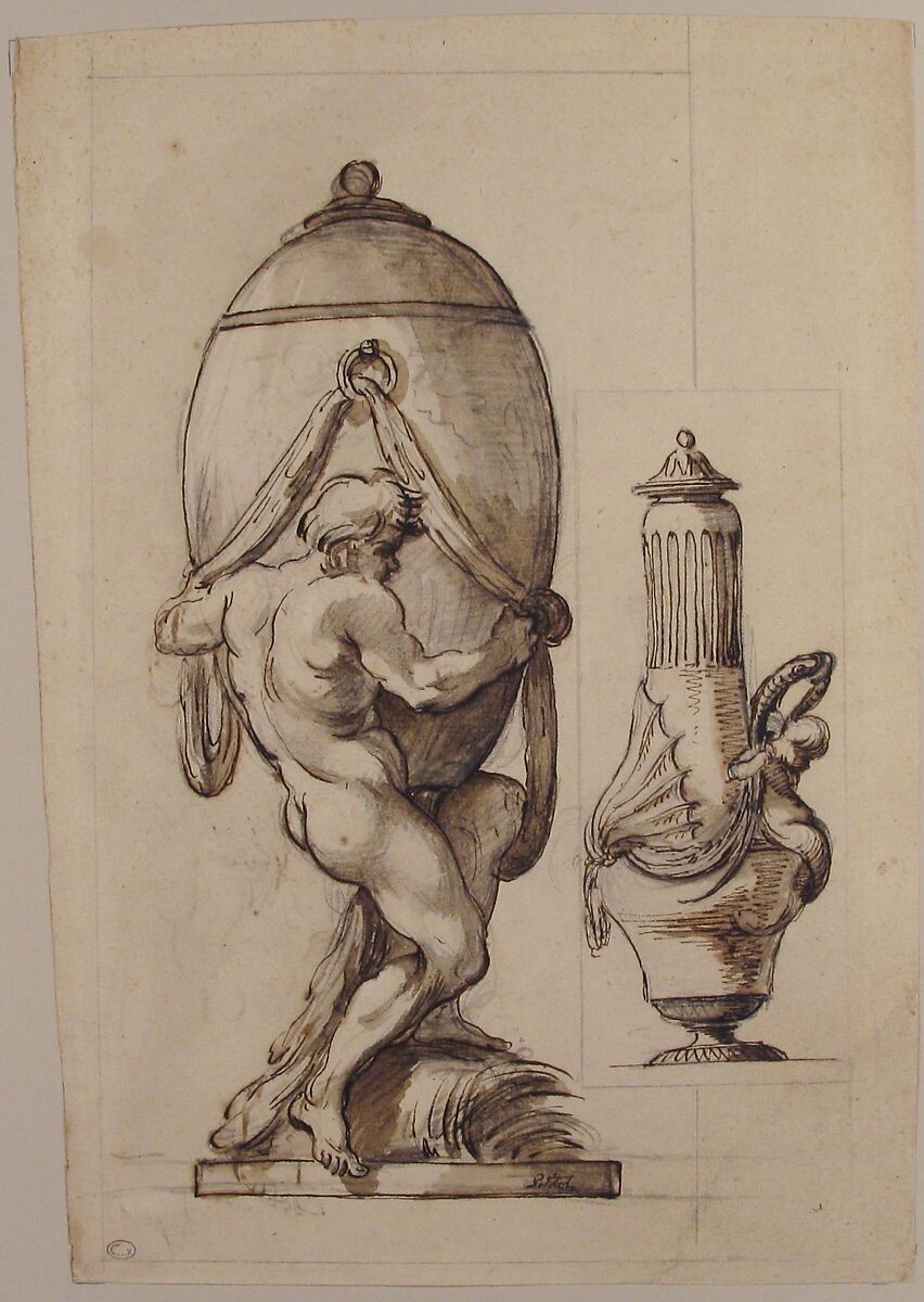 Two Designs for Vases (recto); Variant Design for a Vase (verso), Ennemond Alexandre Petitot (French, Lyons 1727–1801 Parma), Pen and brown ink, brush and brown wash, over black chalk underdrawing (recto); pen and brown ink (verso)