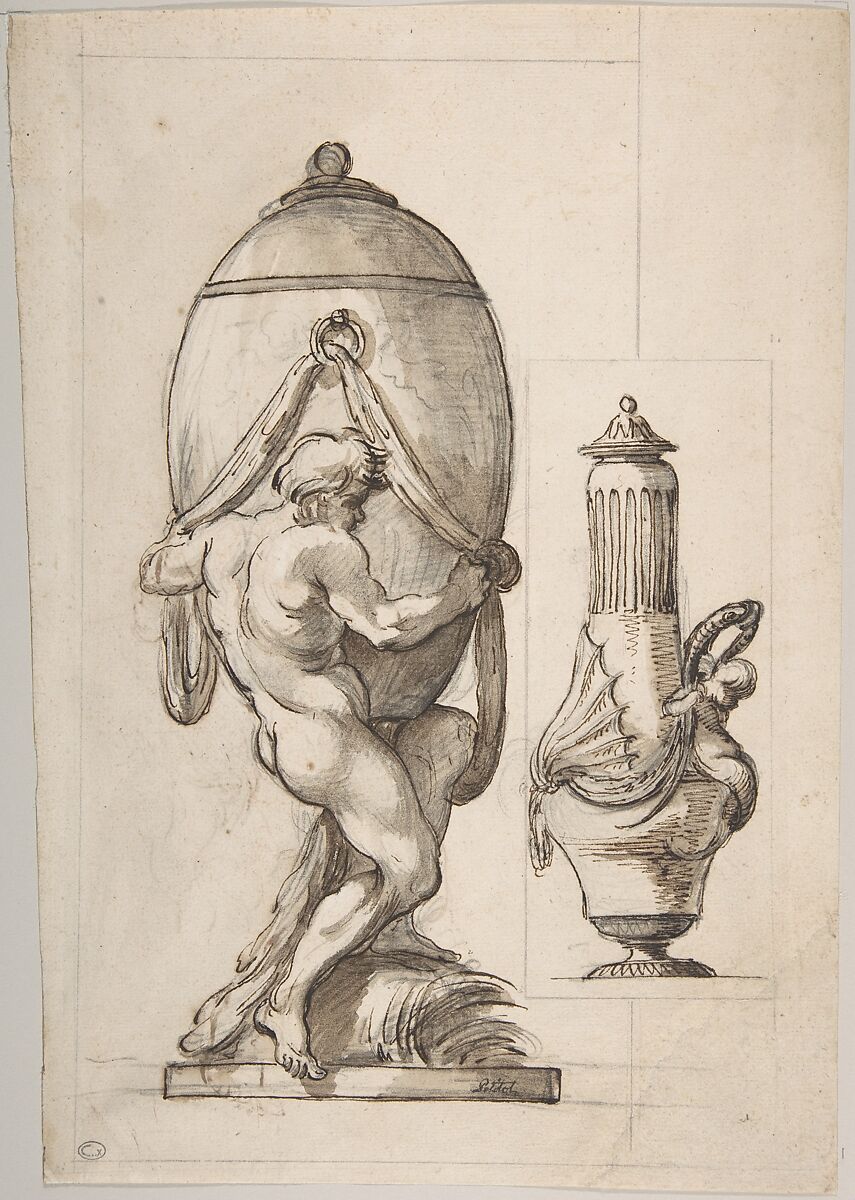 Two Designs for Vases (recto); Variant Design for a Vase (verso), Ennemond Alexandre Petitot (French, Lyons 1727–1801 Parma), Pen and brown ink, brush and brown wash, over black chalk underdrawing (recto); pen and brown ink (verso) 