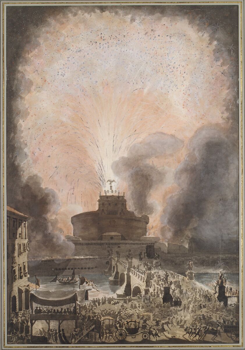 The Girandola at the Castel Sant'Angelo, Rome, Designed and hand colored by Louis Jean Desprez (French, Auxerre 1743–1804 Stockholm), Etching with hand-coloring