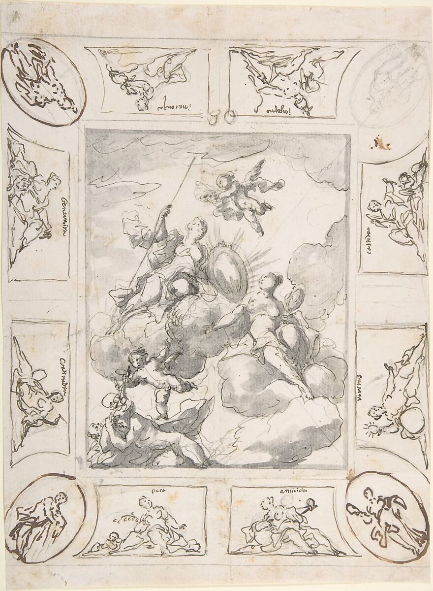 The Triumph of Courage and Wisdom, Johann Michael Rottmayr (Austrian, Laufen 1654–1730 Vienna), Pen and brown ink, brush and gray wash and brown ink over black chalk and graphite 