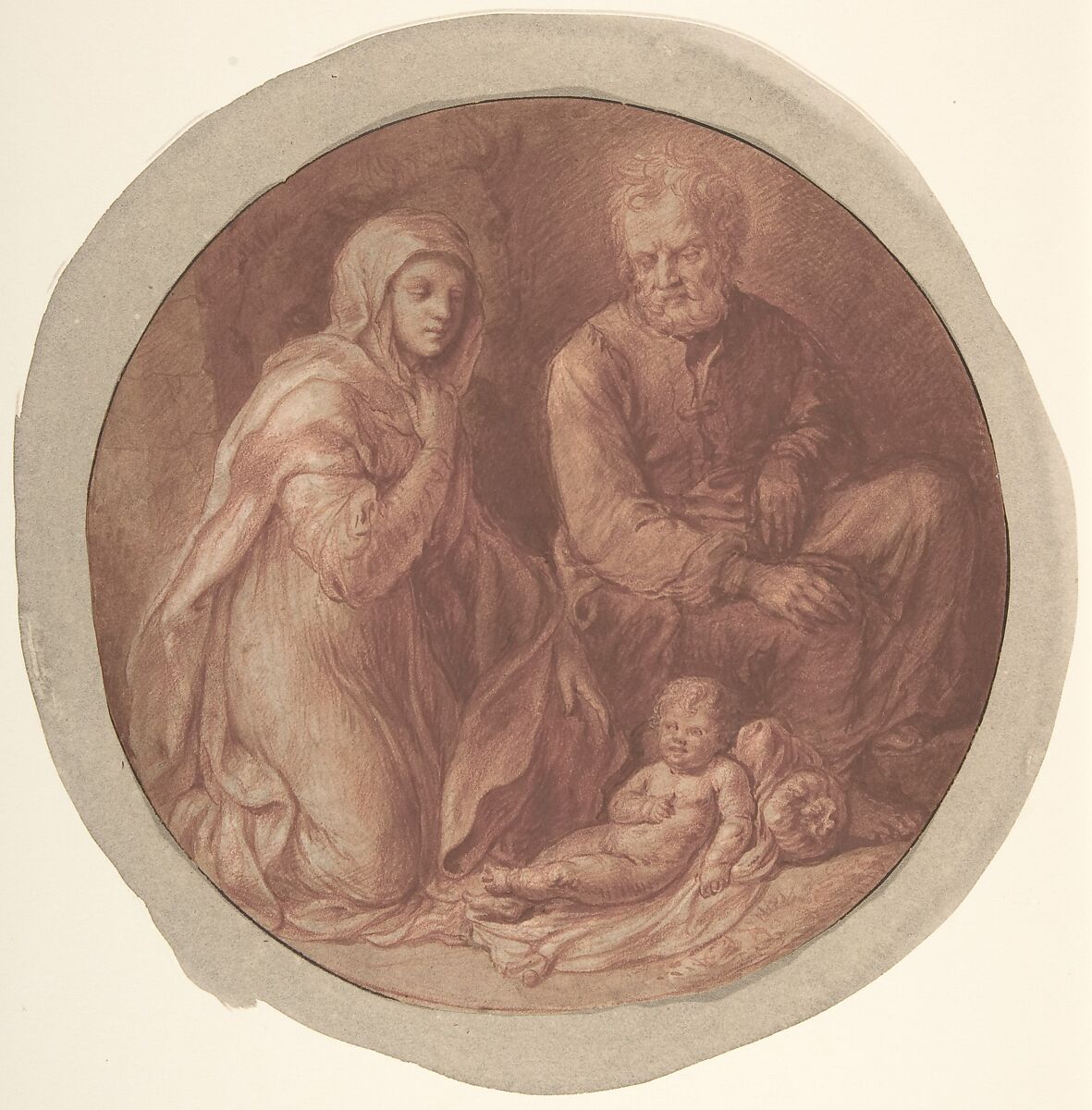 Holy Family in the Stable, Attributed to Govert Flinck (Dutch, Cleve 1615–1660 Amsterdam), pen and brown ink over red chalk, with red wash and traces of white heightening. Traces of framing line in pen and black ink. 