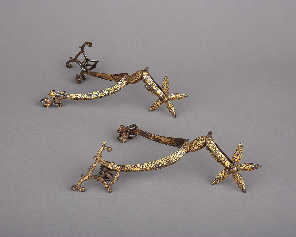 Pair of Rowel Spurs, Iron alloy, gold, possibly French or German 