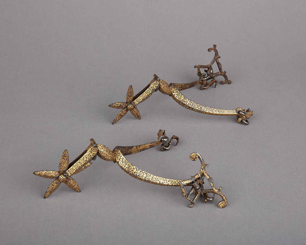 Pair of Rowel Spurs, Iron alloy, gold, possibly French or German