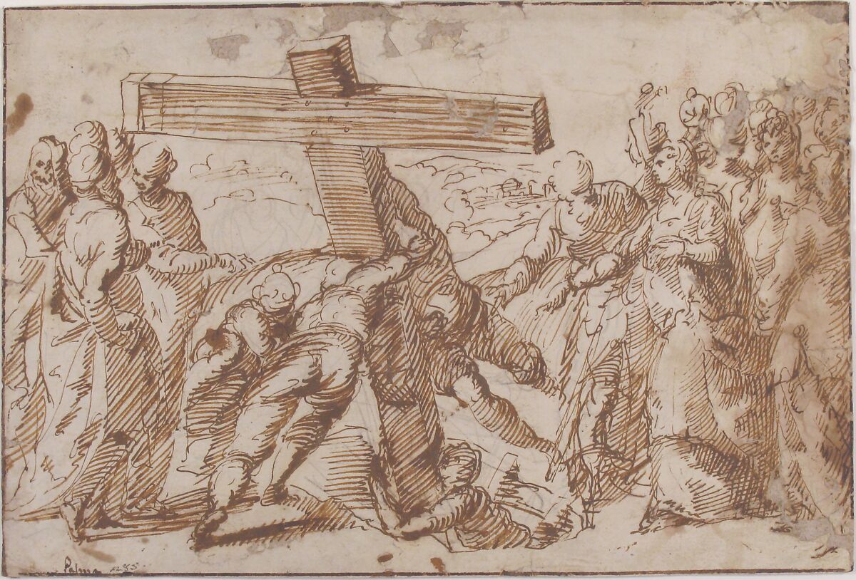 The Discovery of the True Cross, Bernardo Strozzi (Italian, Genoa 1581–1644 Venice), Pen and brown ink, over leadpoint or black chalk; framing lines in pen and darker brown ink