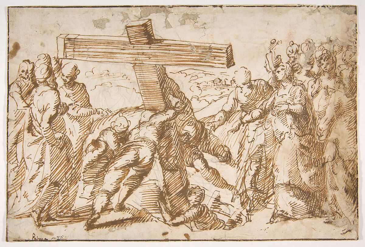 The Discovery of the True Cross, Bernardo Strozzi (Italian, Genoa 1581–1644 Venice), Pen and brown ink, over traces of leadpoint or black chalk, on off-white laid paper; framing lines in pen and darker brown ink 