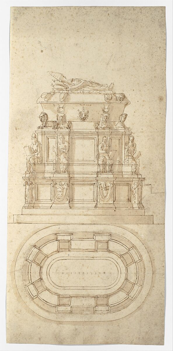 Design for a Freestanding Tomb Seen in Elevation and Plan, Antonio da Sangallo, the Younger (Italian, Florence 1484–1546 Terni), Pen and brown ink, brush and brown wash, over extensive compass-incised and stylus-ruled construction with pin-pricked measurements