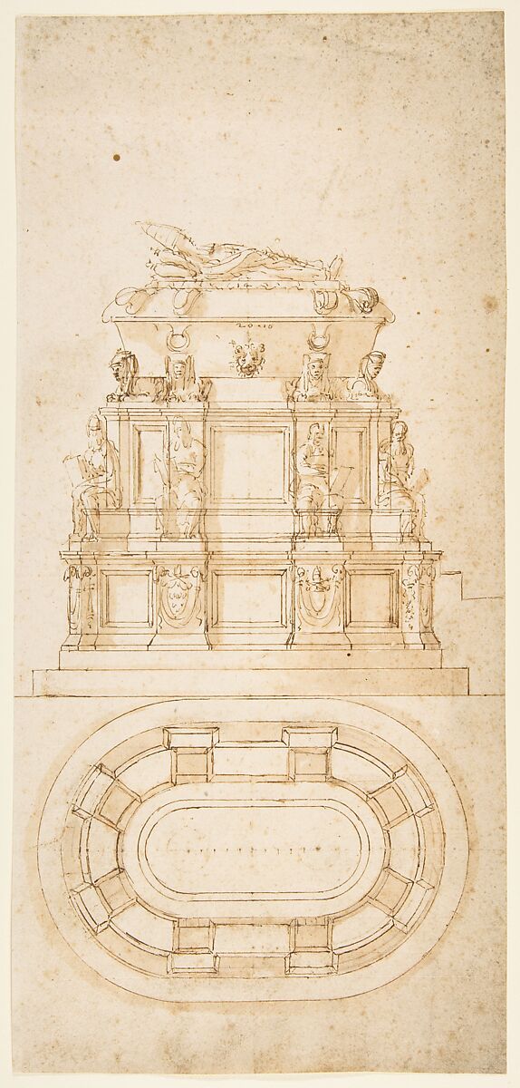 Design for a Freestanding Tomb Seen in Elevation and Plan, Antonio da Sangallo, the Younger  Italian, Pen and brown ink, brush and brown wash, over extensive compass-incised and stylus-ruled construction with pin-pricked measurements, on off-white paper now partly darkened