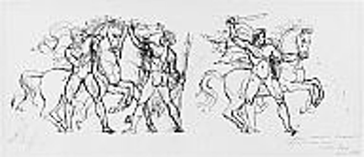 Three Warriors and Their Horses, Study for a Bas Relief Sculpture in the Chateau de Tervueren, François Rude (French, Dijon 1784–1855 Paris), Pen and brown ink over graphite with touches of black chalk