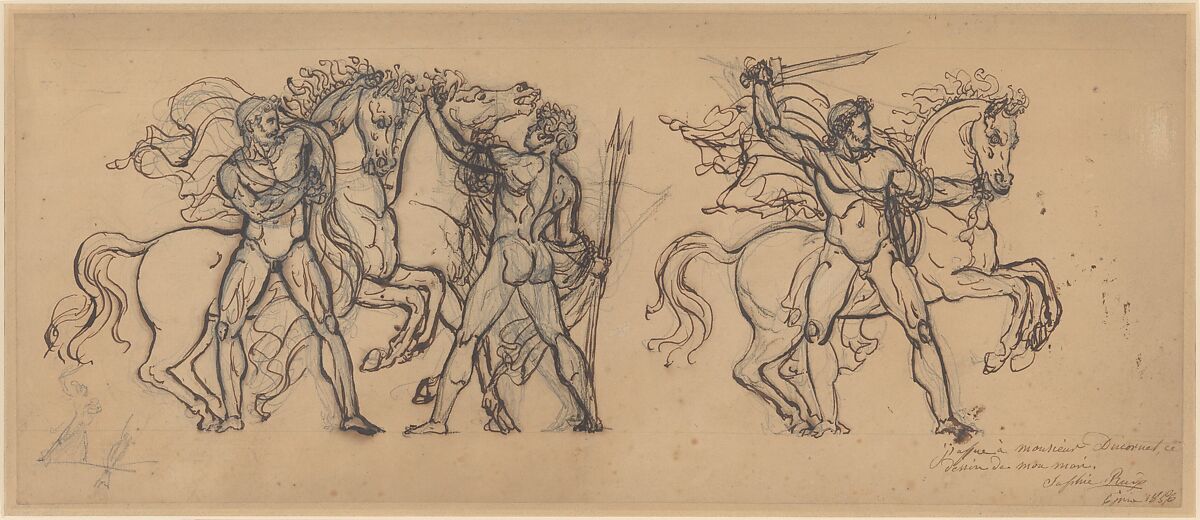 Three Warriors and Their Horses, Study for a Bas Relief Sculpture in the Chateau de Tervueren, François Rude (French, Dijon 1784–1855 Paris), Pen and brown ink over graphite with touches of black chalk 