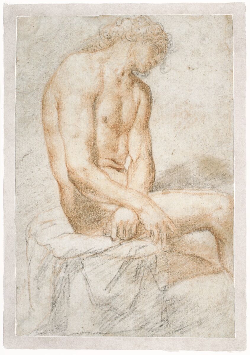 Study of a seated male figure (Ecce Homo?), Juan Carreño de Miranda (Spanish, Avilés 1614–1685 Madrid), Red chalk and charcoal