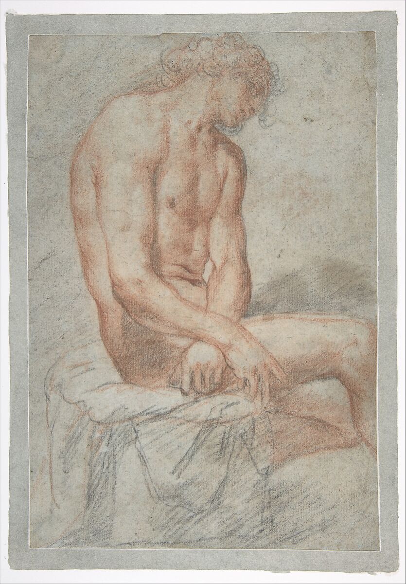 Study of a seated male figure (Ecce Homo?), Juan Carreño de Miranda (Spanish, Avilés 1614–1685 Madrid), Red chalk and charcoal on gray-blue paper 