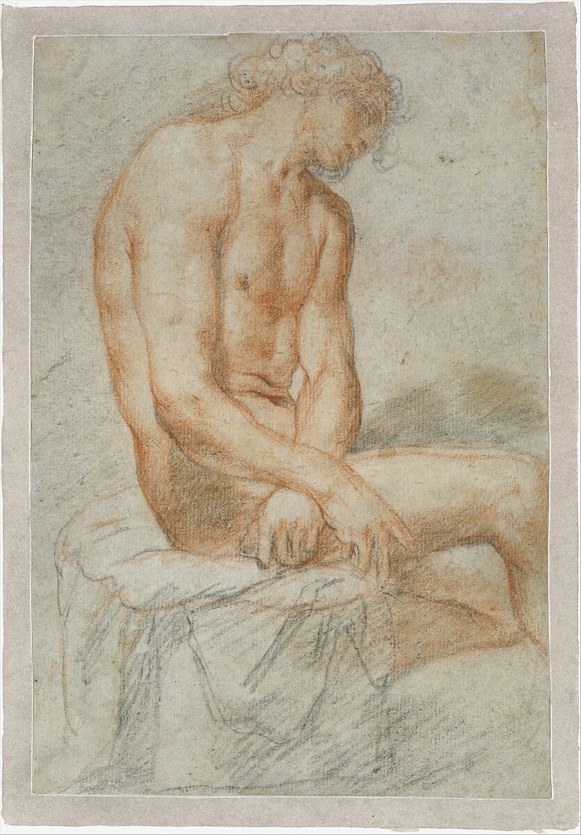 Study of a seated male figure (Ecce Homo?), Juan Carreño de Miranda (Spanish, Avilés 1614–1685 Madrid), Red chalk and charcoal