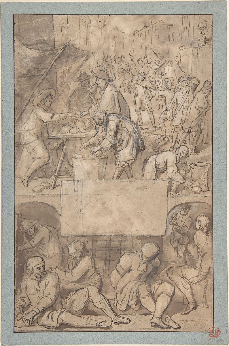 Study for a Title-Page: Allegory of Commerce and a Debtor's Prison (?), Attributed to Romeyn de Hooghe (Dutch, Amsterdam 1645–1708 Haarlem)  , attributed to, Pen and brown ink, brush and brown wash, over black chalk, white gouache. 