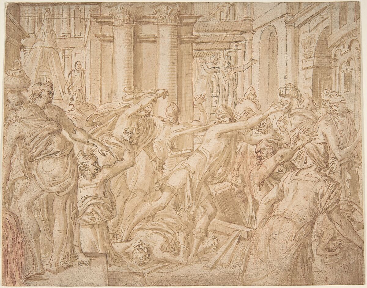 Christ Driving the Money Changers from the Temple, Attributed to Frans Floris I (Netherlandish, Antwerp 1519/20–1570 Antwerp)  , attributed to, Pen and brown ink, brush and brown wash, over traces of red and black chalk, touches of pen and red ink 