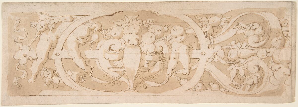 Frieze with Fruit, Foliage and Putti Climbing through Strapwork, Anonymous, Netherlandish, 16th century, Pen and brown ink, brush and brown wash, over traces of red chalk 