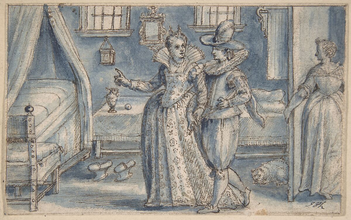 Study for an engraving in the Hortus Voluptatum, Crispijn de Passe the Elder (Netherlandish, Arnemuiden 1564–1637 Utrecht), Pen and brown ink, brush and blue wash, over black chalk. Incised 