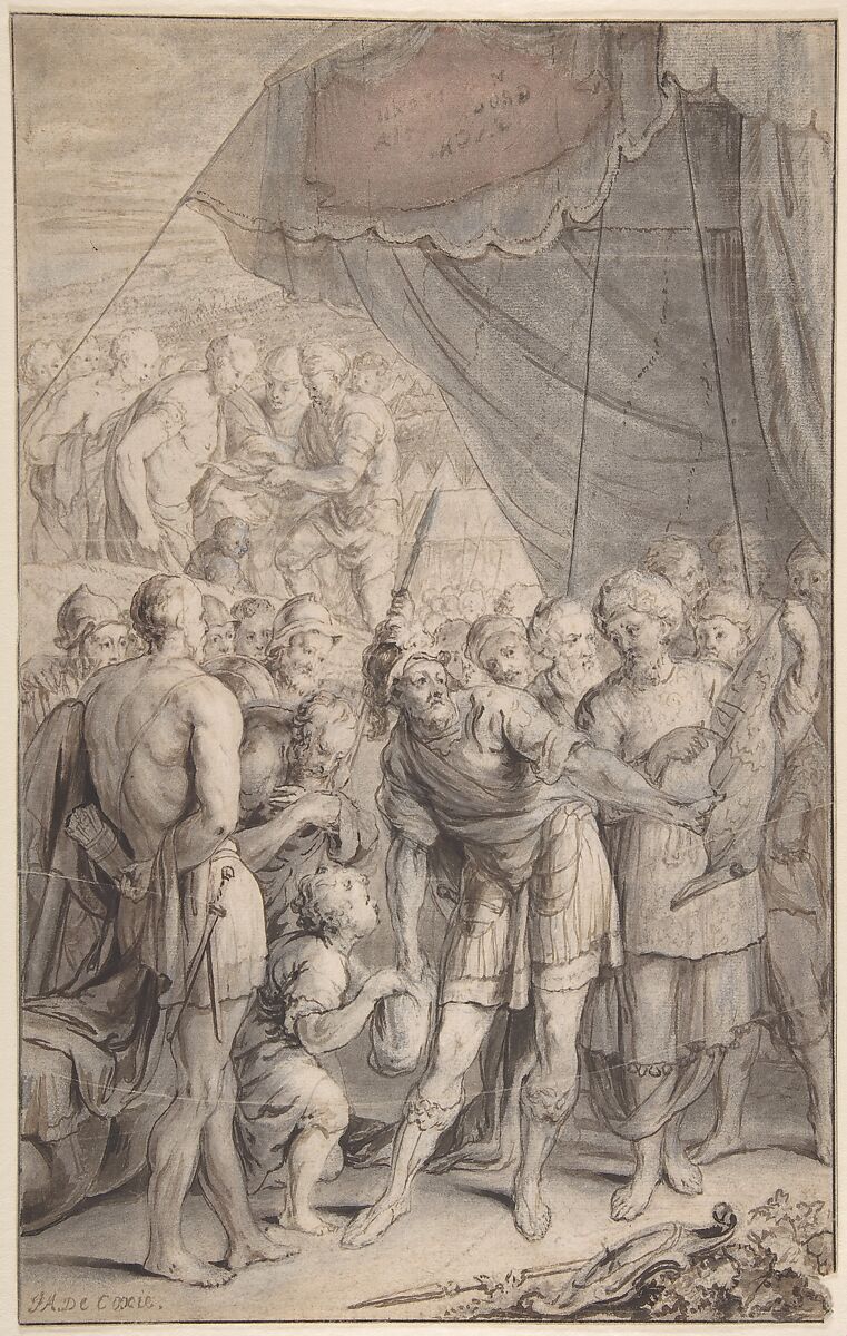 Design for a Title Page: A General and His Army Looking at a Map, Jan Antoine Coxie (Flemish, 1650–1720 Milan), Pen and brown ink, brush and brown and wash, over black chalk, heightened with white gouache; incised 