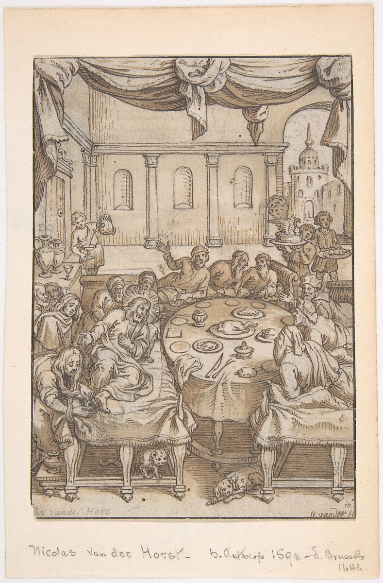The Last Supper, Nicolaas van der Horst (Flemish, Antwerp 1587/98–1646 Brussels), Pen and brown ink, brush and brown washes, over black chalk; incised; rubbed with black chalk for transfer; fragment of sheet with Christ and five apostles behind him cut out, backed, and redrawn by the artist 