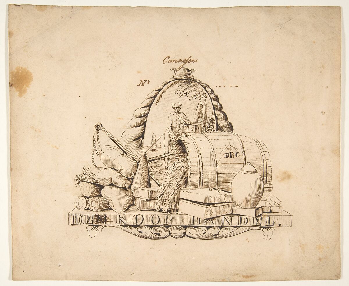 Design for a seal for 'Commerce': Den Koop Handel, Anonymous, Dutch, 18th century, Pen and brown ink