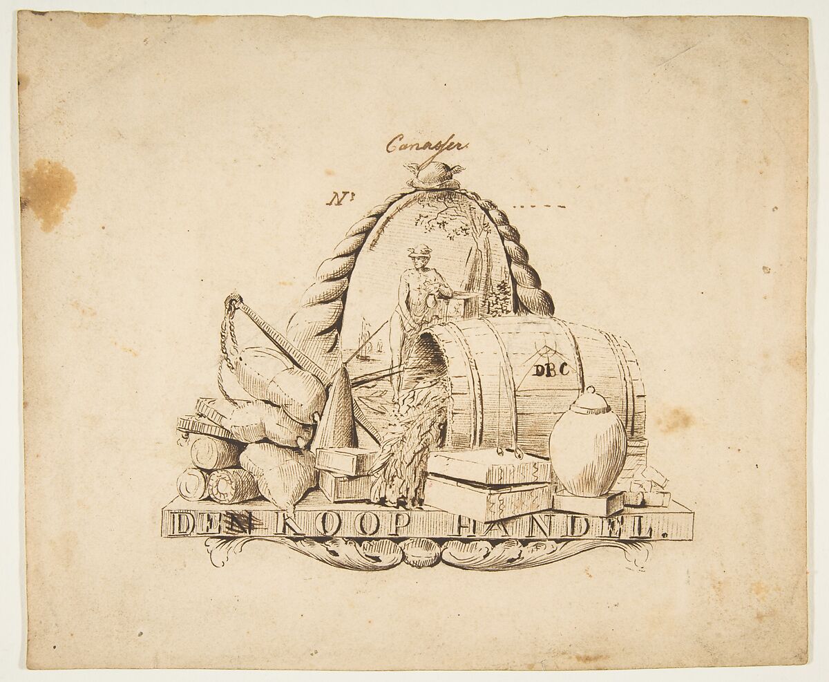 Design for a seal for 'Commerce': Den Koop Handel, Anonymous, Dutch, 18th century, Pen and brown ink 