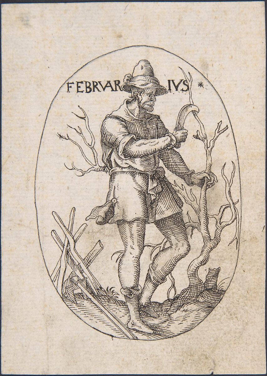 The Month of February: Man Pruning a Tree, Attributed to Erasmus Hornick (Netherlandish, Antwerp ca. 1520–1583 Prague), Pen and black ink over black chalk. 