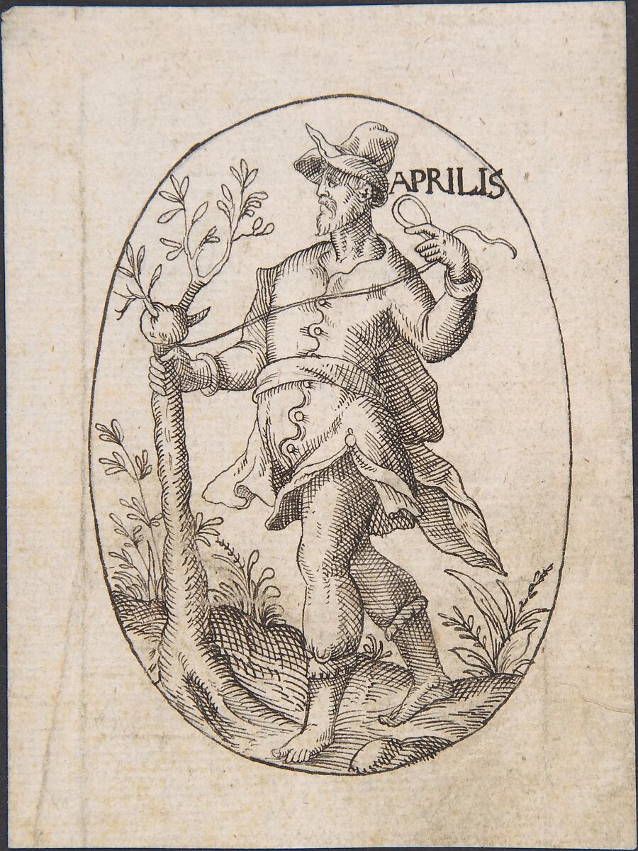 The Month of April: Man Grafting a Branch onto a Tree, Erasmus Hornick (Netherlandish, Antwerp ca. 1520–1583 Prague), Pen and black ink over traces of black chalk. 