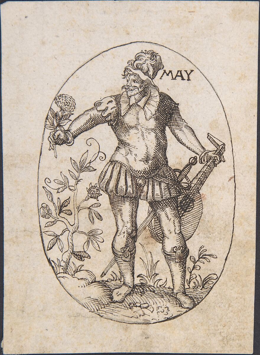 The Month of May: An Elegant Man Holding a Flower and Lute, Attributed to Erasmus Hornick (Netherlandish, Antwerp ca. 1520–1583 Prague) attributed to, Pen and black ink over black chalk 