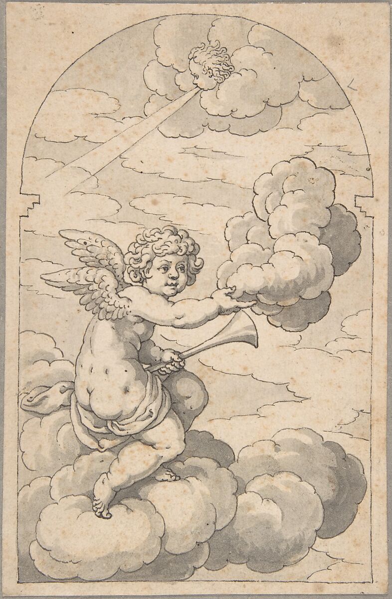 Putto Holding a Cloud and Horn, Crispijn de Passe the Elder (Netherlandish, Arnemuiden 1564–1637 Utrecht), Pen and black ink, brush and gray wash. Incised for transfer 