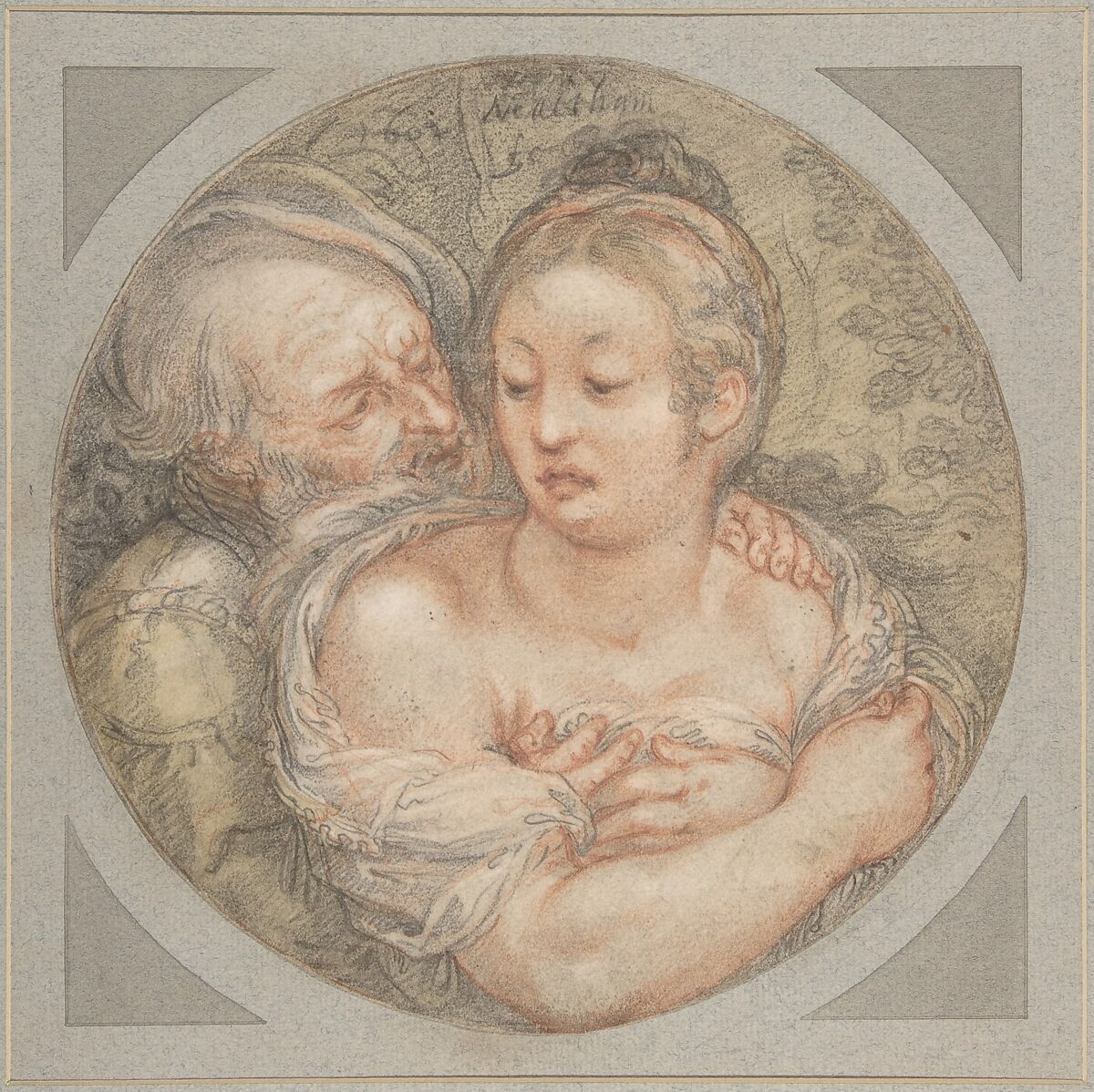 The Illmatched Couple, Jacob Matham (Netherlandish, Haarlem 1571–1631 Haarlem), Black and red chalk, brush and green wash.  Laid down on blue cardboard mount with framing lines in gold, brown and red 
