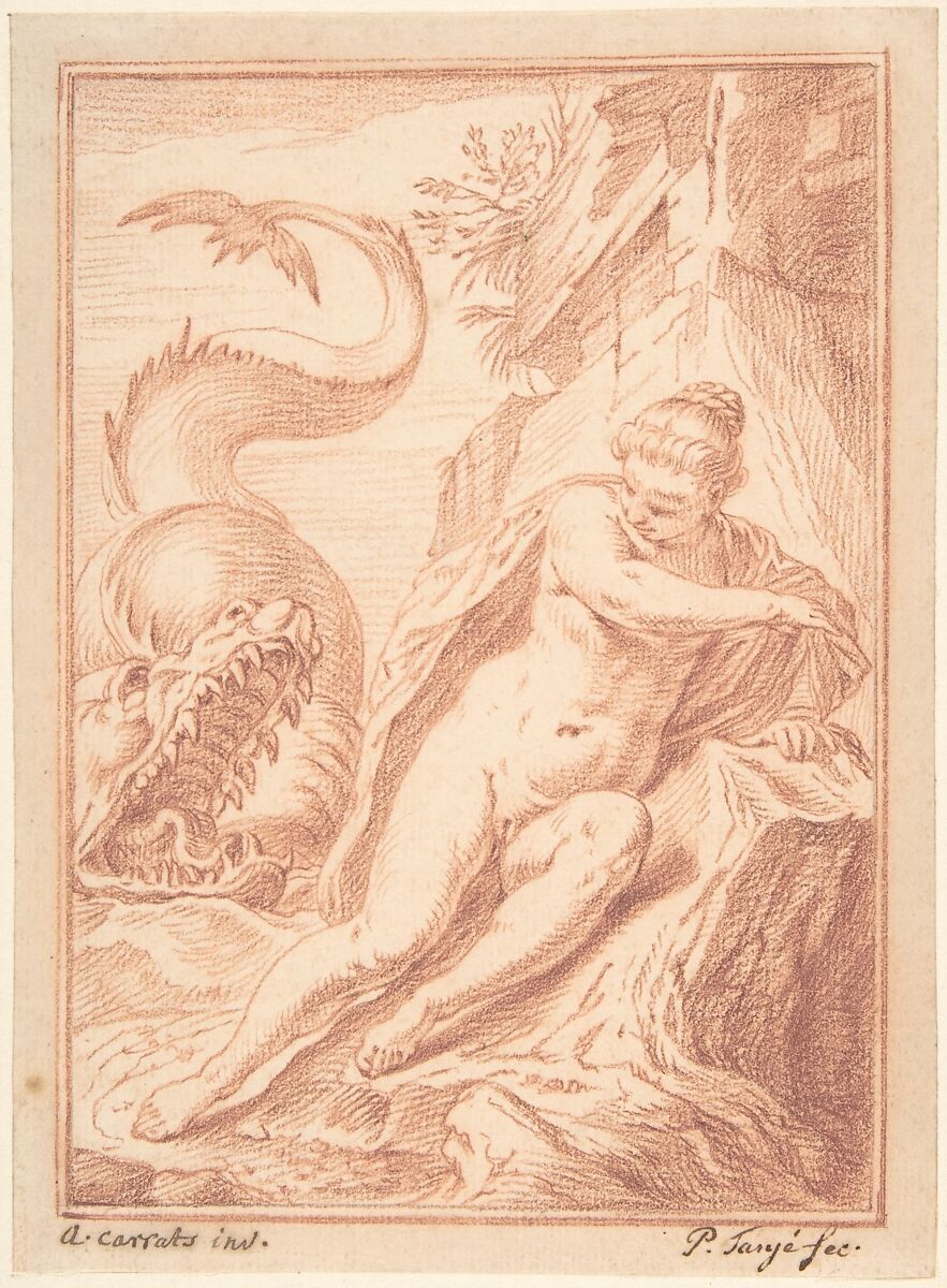 Andromeda, after Agostino Carracci, Pieter Tanjé (Dutch, Bolsward 1706–1761 Amsterdam), Red chalk, inlaid into french mount with brown and gold framing lines 