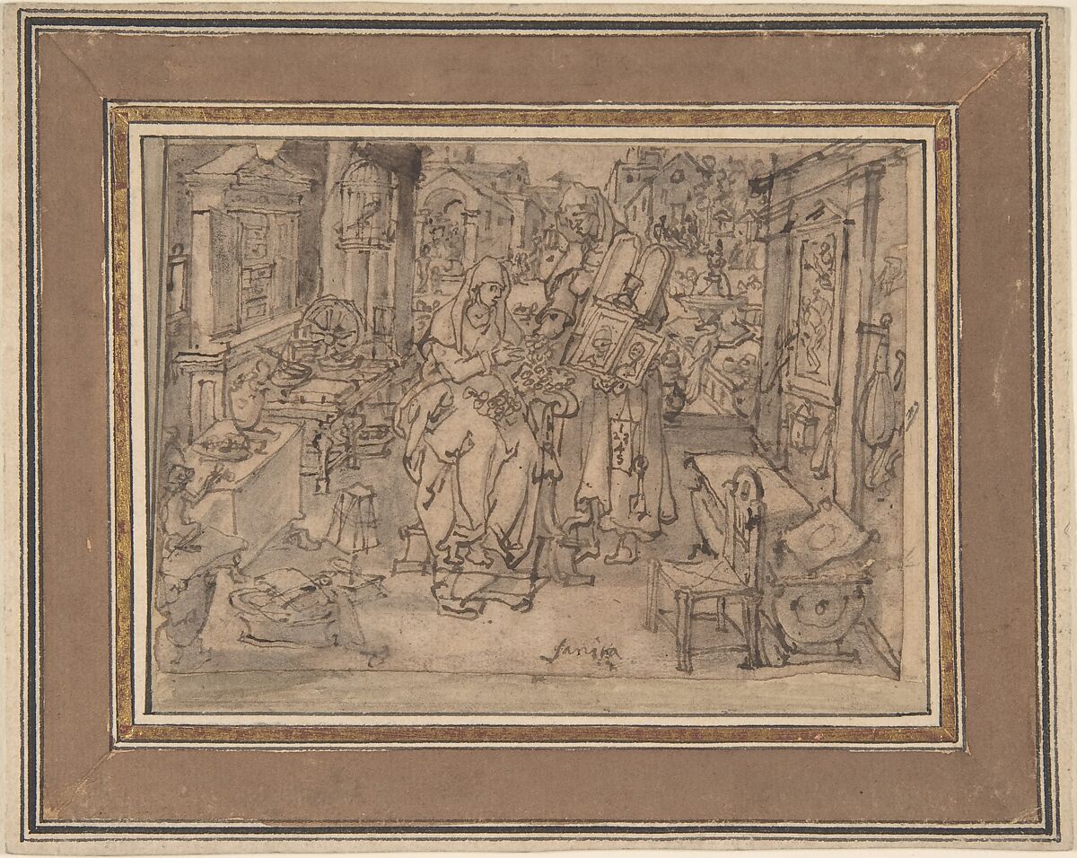 Vanitas, Jan van der Straet, called Stradanus (Netherlandish, Bruges 1523–1605 Florence), Pen and brown ink, brush and gray wash over traces of black chalk.  Laid down on a cardboard mount with black, brown and gold framing lines 