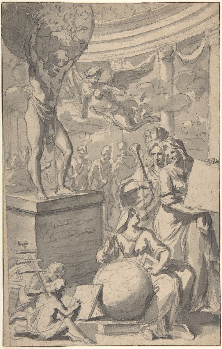 Design for a Frontispiece of a Title Page, Attributed to Gerard de Lairesse (Dutch, Liège 1641–1711 Amsterdam)  , attributed to, Brush and gray wash over black chalk; framing lines in brown ink 