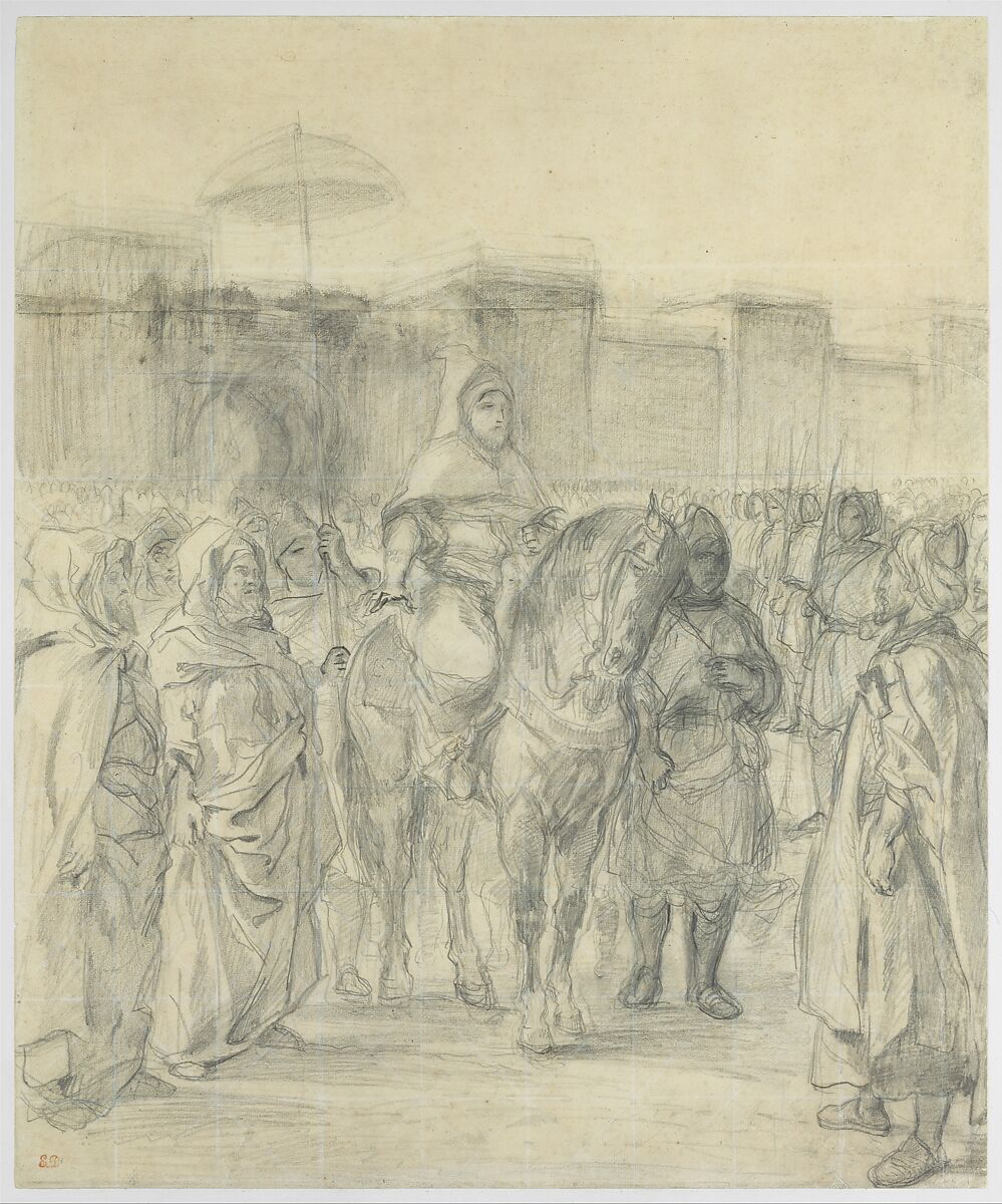 Study for "The Sultan of Morocco and His Entourage", Eugène Delacroix (French, Charenton-Saint-Maurice 1798–1863 Paris), Graphite; squared in white chalk 