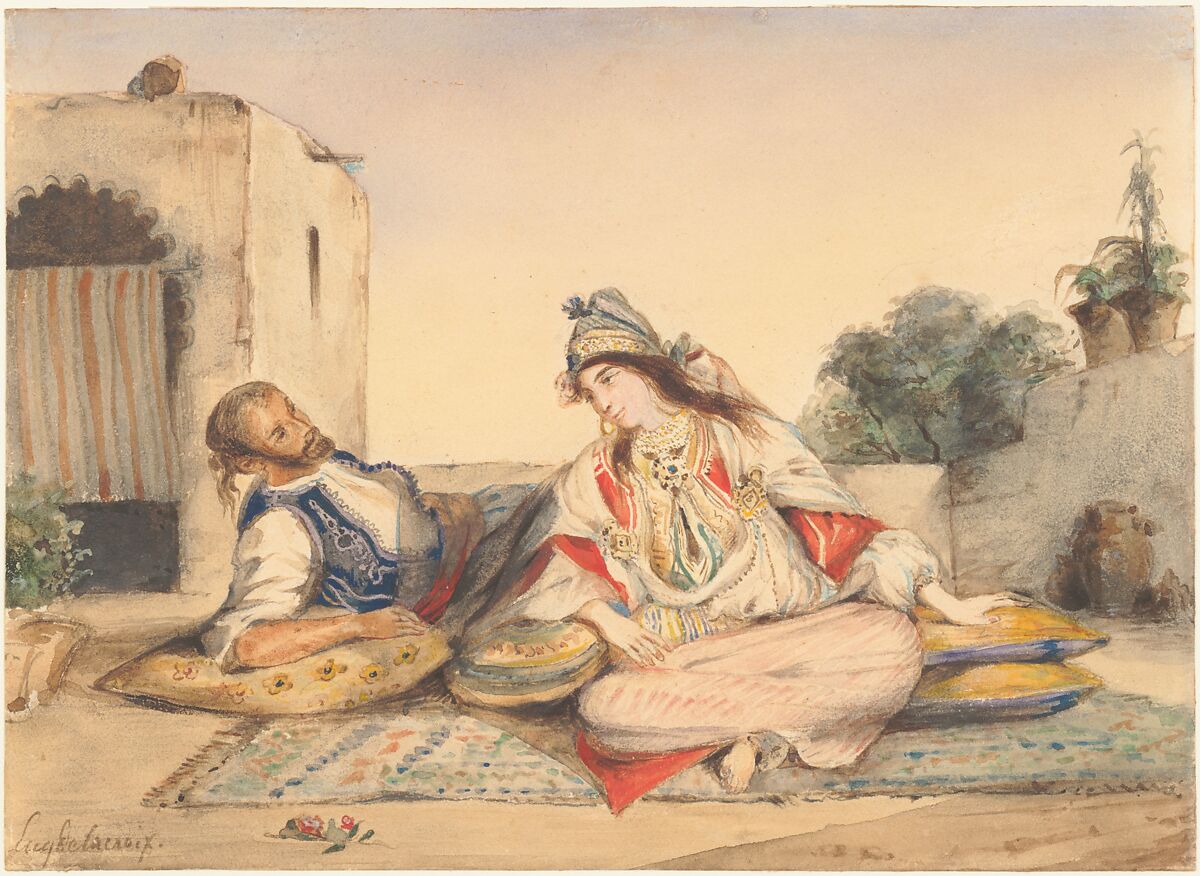A Moroccan Couple on Their Terrace, Eugène Delacroix (French, Charenton-Saint-Maurice 1798–1863 Paris), Watercolor over traces of graphite
